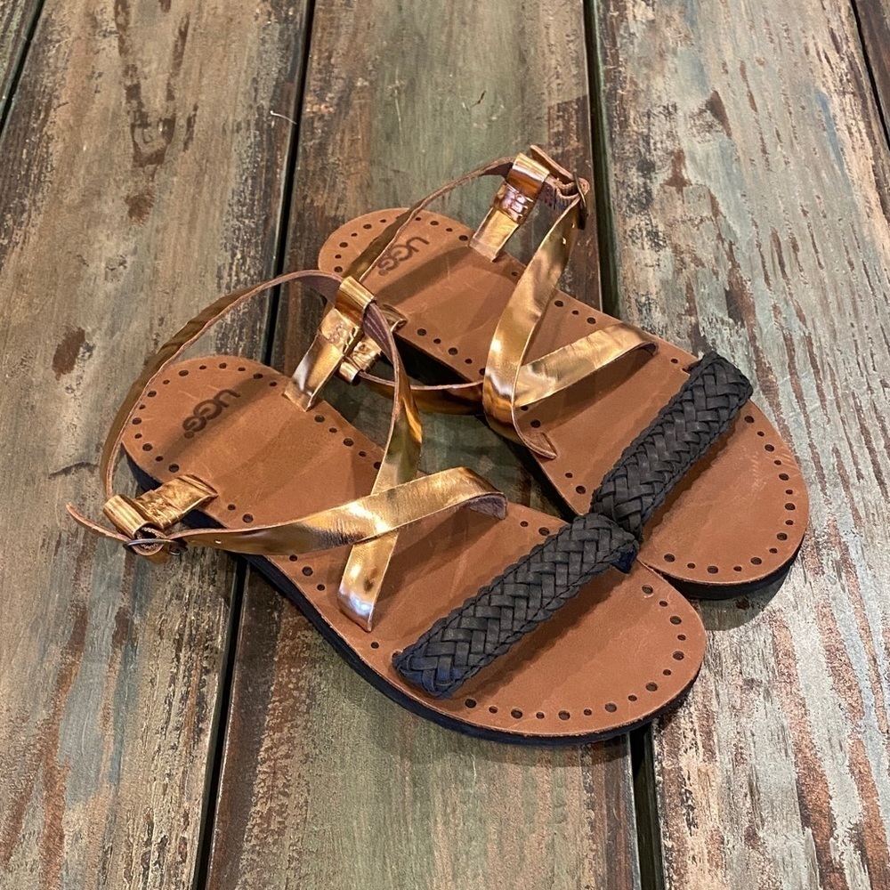 UGG NWOT Jordyne Sandals Flats Size 5 Metallic Copper Leather Braided Black - Picture 4 of 13